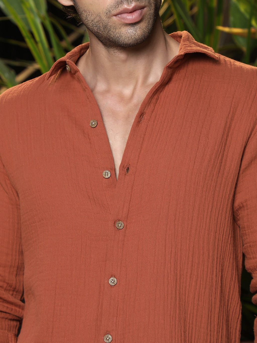 Men's Rust Textured Cotton Regular Fit Casual Shirt